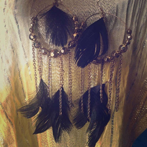 Feather and Gold Hoops - Picture 2 of 2